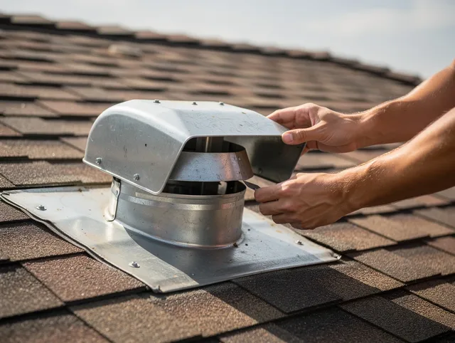 Cerritos Dryer Vent Cleaning certified technician safely cleaning a roof-mounted dryer vent in Cerritos