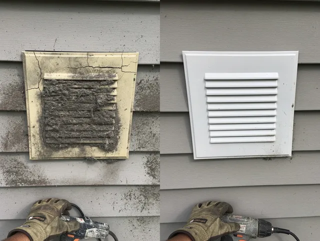 Cerritos Dryer Vent Cleaning technician installing high-quality dryer vent cover at a residential property in Cerritos