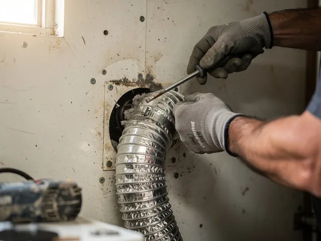 Cerritos Dryer Vent Cleaning technician performing precise dryer vent hose installation in Cerritos